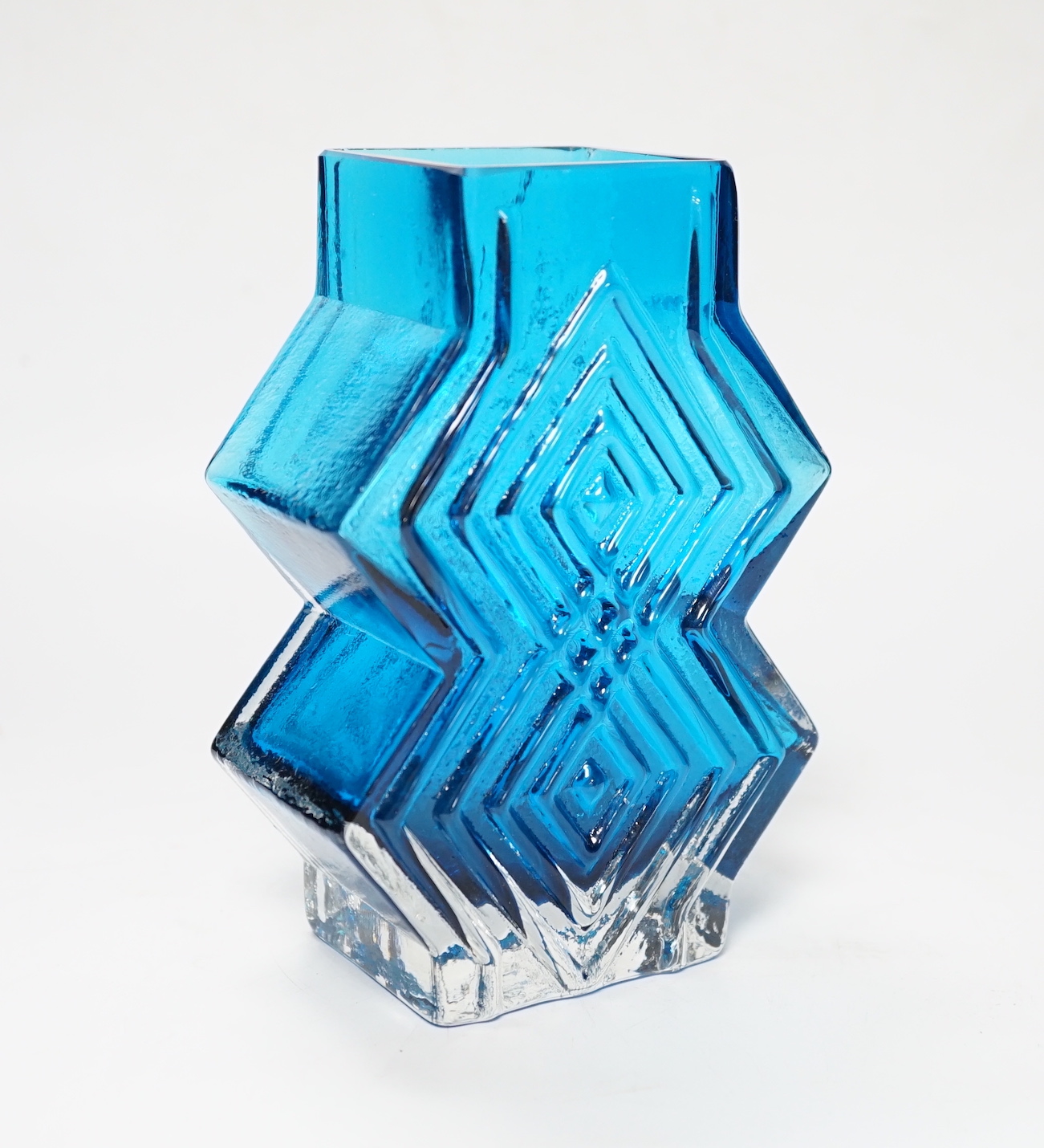 A Geoffrey Baxter for Whitefriars double diamond vase in kingfisher blue, 16cm high